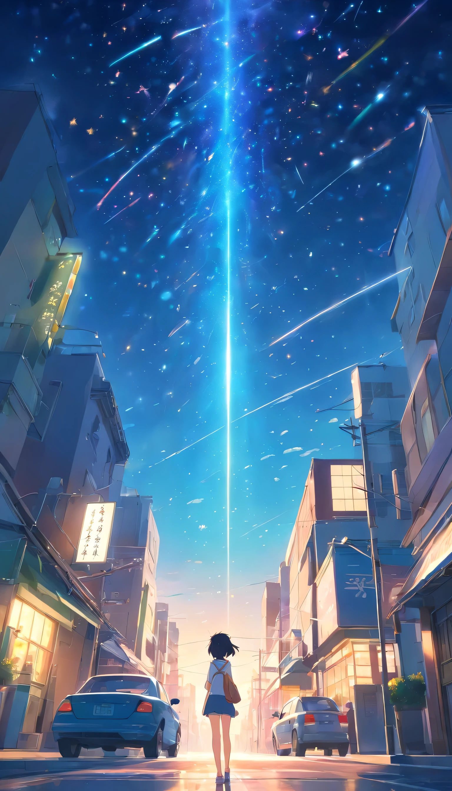 Vista distante、Paisagens、Outrageous resolution、luminoso、fantasia、clearing blue sky、Muitas estrelas brilhantes々、beautiful lighting、clear lighting、soft lighting、Many bright magic lights、Stars are falling from the sky