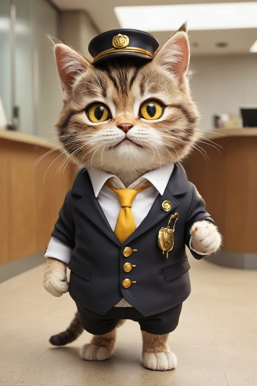 small, There are no humans in this world、The world of anthropomorphized cats、かわいいbornき物,Anthropomorphic3Cats are robbing a bank、 Both the bank staff and the bank customers are cats wearing anthropomorphic clothing.、whole body, Costumes,、 Fantasy art, Exquisite detail, An anthropomorphic, fat, furry tabby kitten with yellow eyes, Movie Scenes, Dramatic shot angles, , Realistic, born々Amazing cinematic photorealism, Action Portrait, 8K, detailed, Full Frame