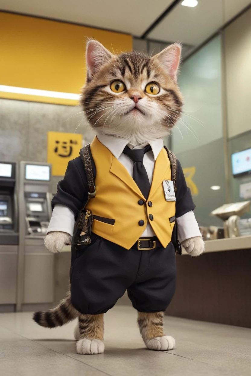 small, There are no humans in this world、The world of anthropomorphized cats、かわいいbornき物,Anthropomorphic3Cats are robbing a bank、 Both the bank staff and the bank customers are cats wearing anthropomorphic clothing.、whole body, Costumes,、 Fantasy art, Exquisite detail, An anthropomorphic, fat, furry tabby kitten with yellow eyes, Movie Scenes, Dramatic shot angles, , Realistic, born々Amazing cinematic photorealism, Action Portrait, 8K, detailed, Full Frame