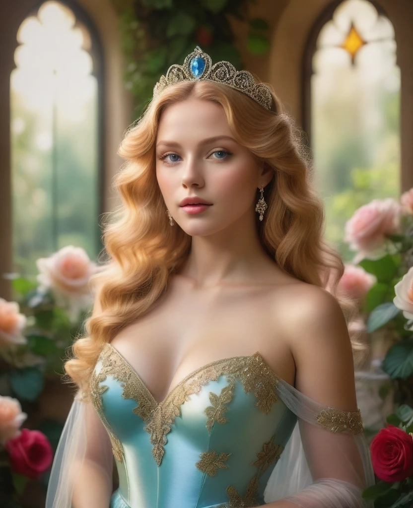 A beautiful princess resting in a blissful, dreamy state, her detailed eyes and lips captivating, flowing gown draped gracefully, golden hair cascading down, sparkling tiara upon her head, strawberry blonde curls framing her face, set within a royal palace, soft sunlight filtering through stained glass windows, exquisite chandelier lighting casting a romantic atmosphere, vibrant colors abound in the lush Mediterranean garden, fragrant flowers in full bloom, a fountain with dancing water, a whispering breeze carrying the faint sound of birds, whimsical butterflies fluttering around, lush greenery and an ivy-covered trellis, endless rows of blooming roses, the irresistible presence of Prince Charming, anticipating love and happiness, (best quality, 4k, 8k, highres, masterpiece:1.2), ultra-detailed, (realistic, photorealistic, photo-realistic:1.37), romantic portrait style, soft pastel color palette, dreamy lighting, ethereal ambiance