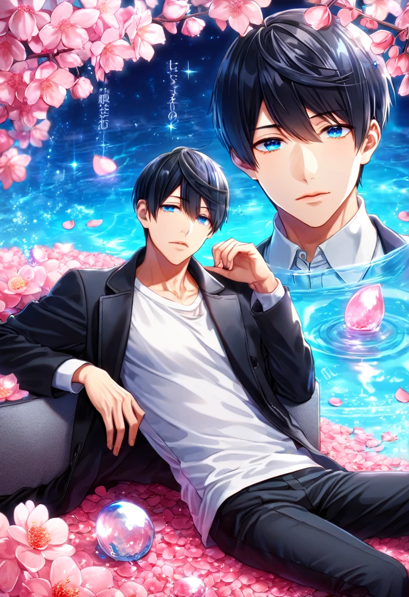 absurdres, highres, ultra detailed, HDR, master piece, best quality, Nanase Haruka, black hair, expressive blue eyes, Free!, solo, sexy man sitting, handsome, black coat, white shirt, black pants, fantasy, shining, water, pink flowers, pink blossoms, pink butterflies, pink petals