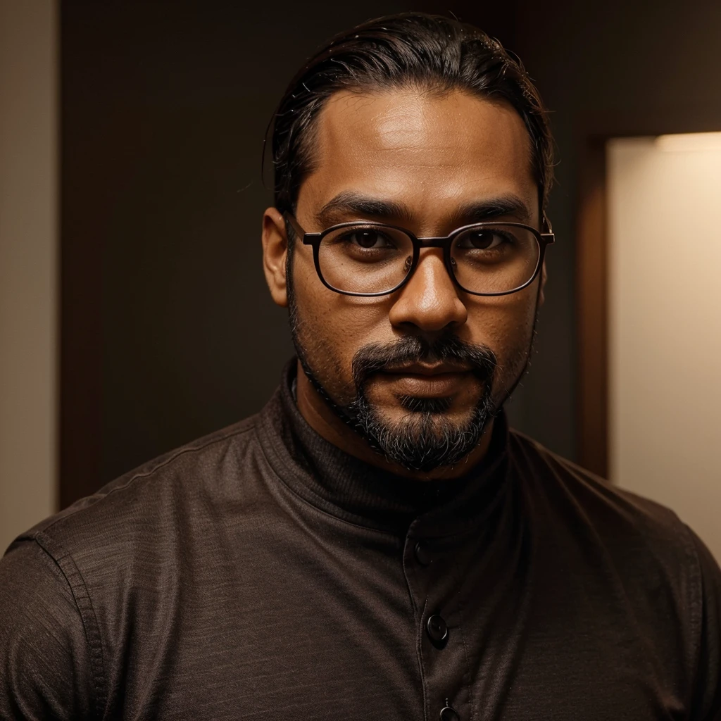 Successful 40 year old aesthetic man with beard,com terno preto ,brown skin color ,wear glasses