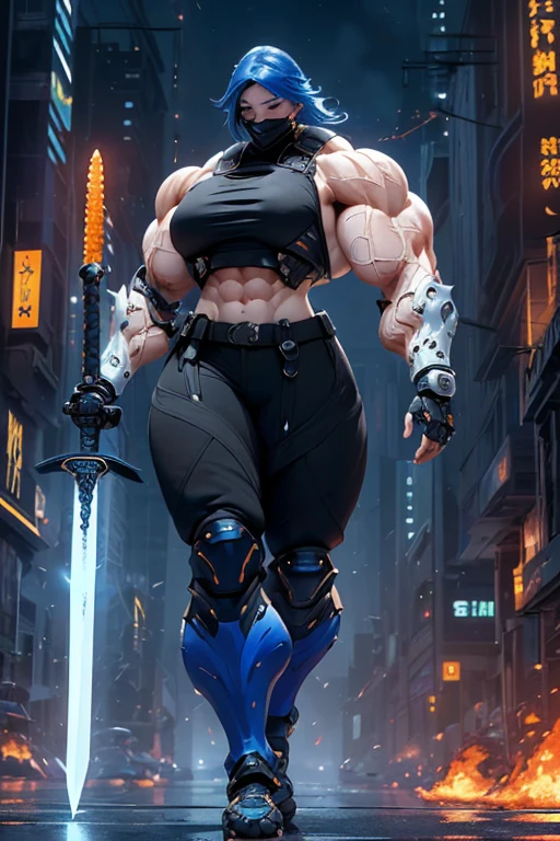 ((((Massive, beautiful, buff, muscular pale white skinned female ninja with royal blue hair, black lipstick, ginormous bulky muscles, holding a royal blue fire sword and wearing a royal blue cybernetic ninja armor with pants)))), (close view), black eyeliner, massive muscles, large breast, massive biceps, hyper muscle triceps, (long wavy curly hair), white eyes, mask, ninja boots, In a futuristic city, steel ninja armor, nighttime, closed smile, hyper muscles arms, hyper muscle legs, ginormous arms