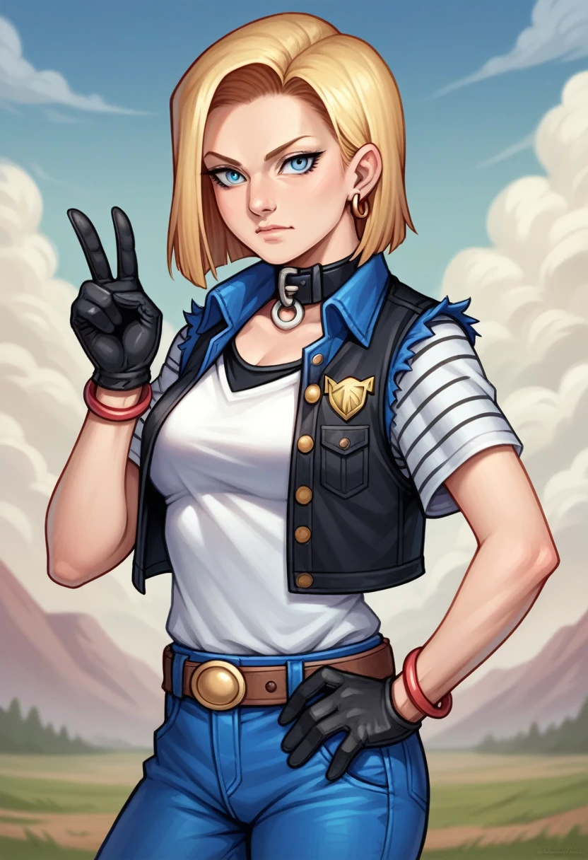 8k, real image, intricate details, ultra detailed,(photorealistic), Y18, 1 girl, Android 18, by rubio, Blue eyes, belt, Cowboys, perla_collar, bracelet, black gloves, White shirt, short hair, short sleeves, earrings, blue pants, open vest, black vest, peace, sign