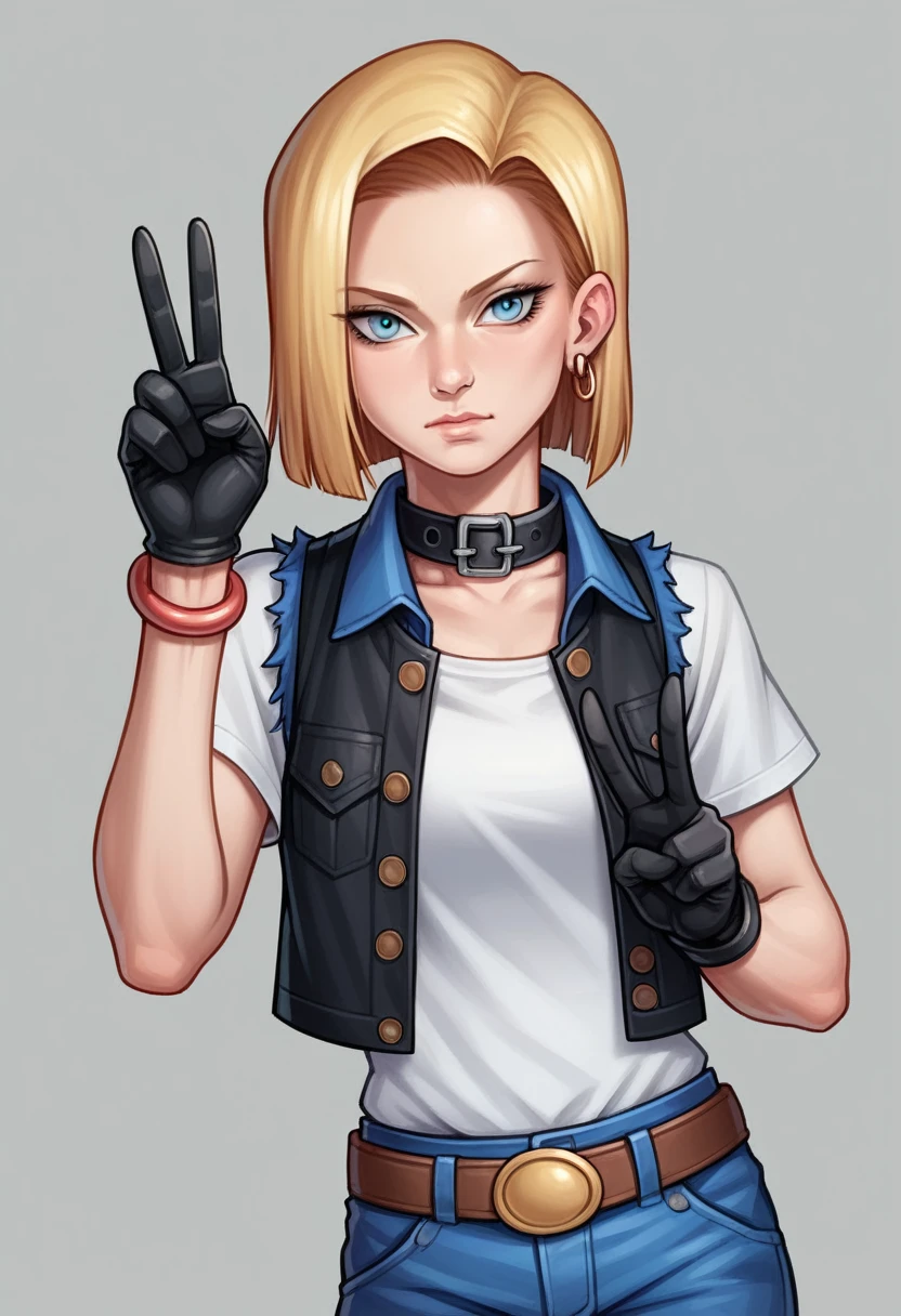 8k, real image, intricate details, ultra detailed,(photorealistic), Y18, 1 girl, Android 18, by rubio, Blue eyes, belt, Cowboys, perla_collar, bracelet, black gloves, White shirt, short hair, short sleeves, earrings, blue pants, open vest, black vest, peace, sign