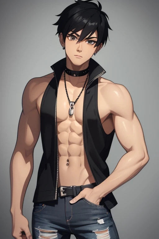 Marshall Lee Handsome 18 year old boy with black hair, brown skin, pierced ears, black eyes, gray tank top, open black jacket, black belt, blue jeans, looking directly at viewer on a white background.