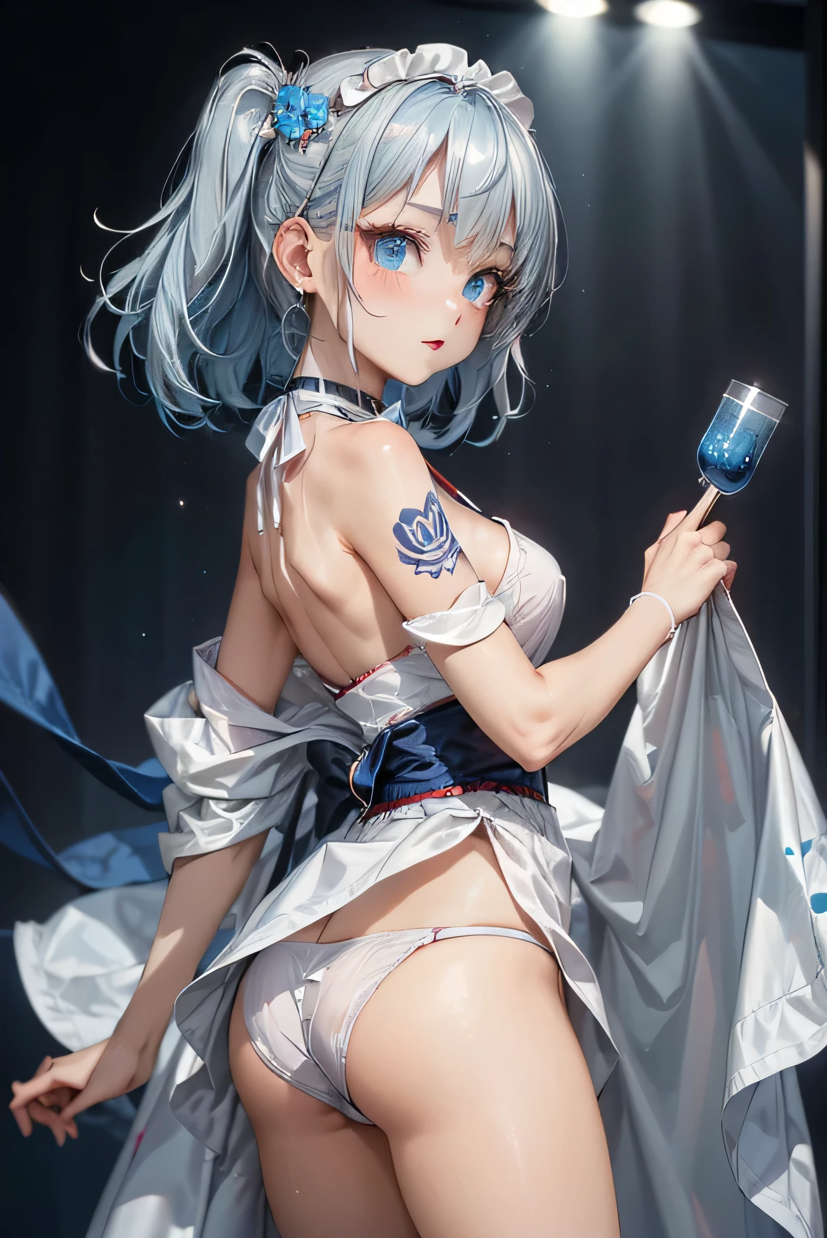 (Super detailed、Ultra-high resolution、Detailed Background)、((Flat Color))、((colorful))、((浮かぶcolorfulな水))、A maid cafe employee、Body paint on the whole body、Pop tattoo on the 、、 Random Pose、Angle seen 、
(Medium Hair、Vermilion blue silver hair、hair ornaments)、Beautiful blue eyes、Beautiful red lip、(White  Dress、choker）、TWICE's Tzuyu' on pause、（fun、smile、A rich expression）、、
I can see her white 、Tiny 
