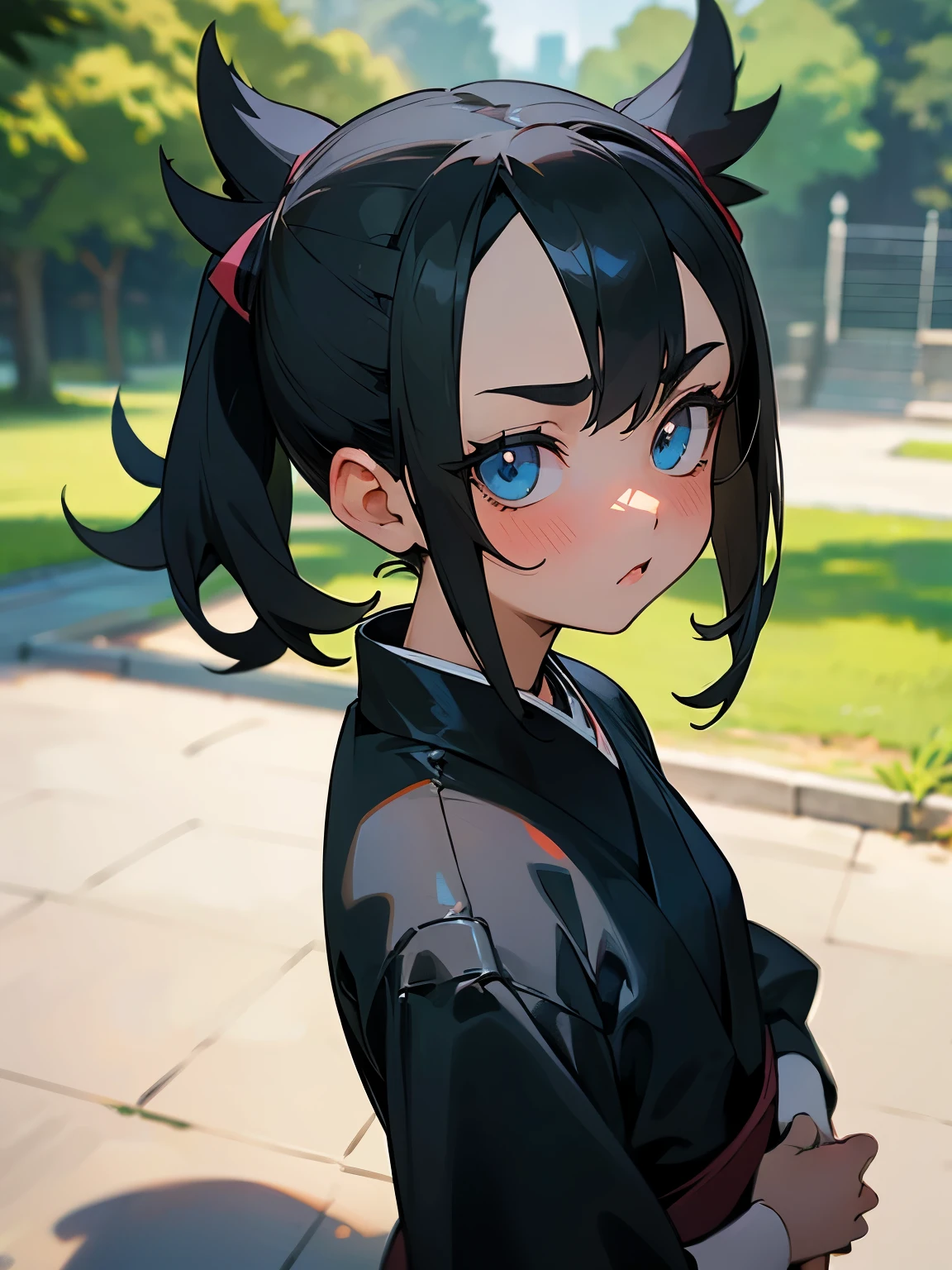 solo 1girl, (marnie pokemon), ((masterpiece)), ((high resolution)), ((best quality)), extremely fine and beautiful, super fine illustration, (realistic skin), (insanely detailed anime eyes), detailed face, vivid and beautiful, shocking sensation, incredibly detailed, beautiful detailed girl, front view, facing at viewer, profile, perfect shadow, realistic lighting shaded, (black hair), ((child)), (small breast), (park), (blushing), (shinobi style)