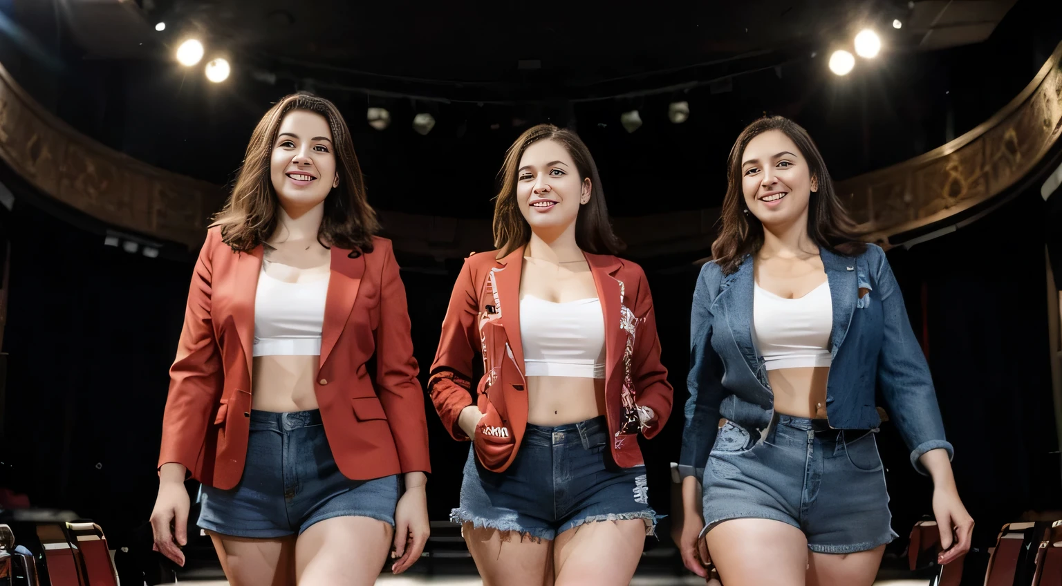 Three plus size friends wearing denim shorts and red blazers walking on the stage of a theater 