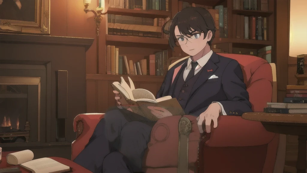 1 man in a suit sitting in an armchair by the fireplace, reading a book, comfortable night reading environment, high resolution, character on the right, youtube channel banner, (best quality,4k,8k,highres,masterpiece:1.2),detailed,(photorealistic,photo-realistic:1.37),HDR,UHD,studio lighting,ultra-fine painting,sharp focus,physically-based rendering,extreme detail description,professional,vivid colors,bokeh,portrait, not so formal, casual, character on the right