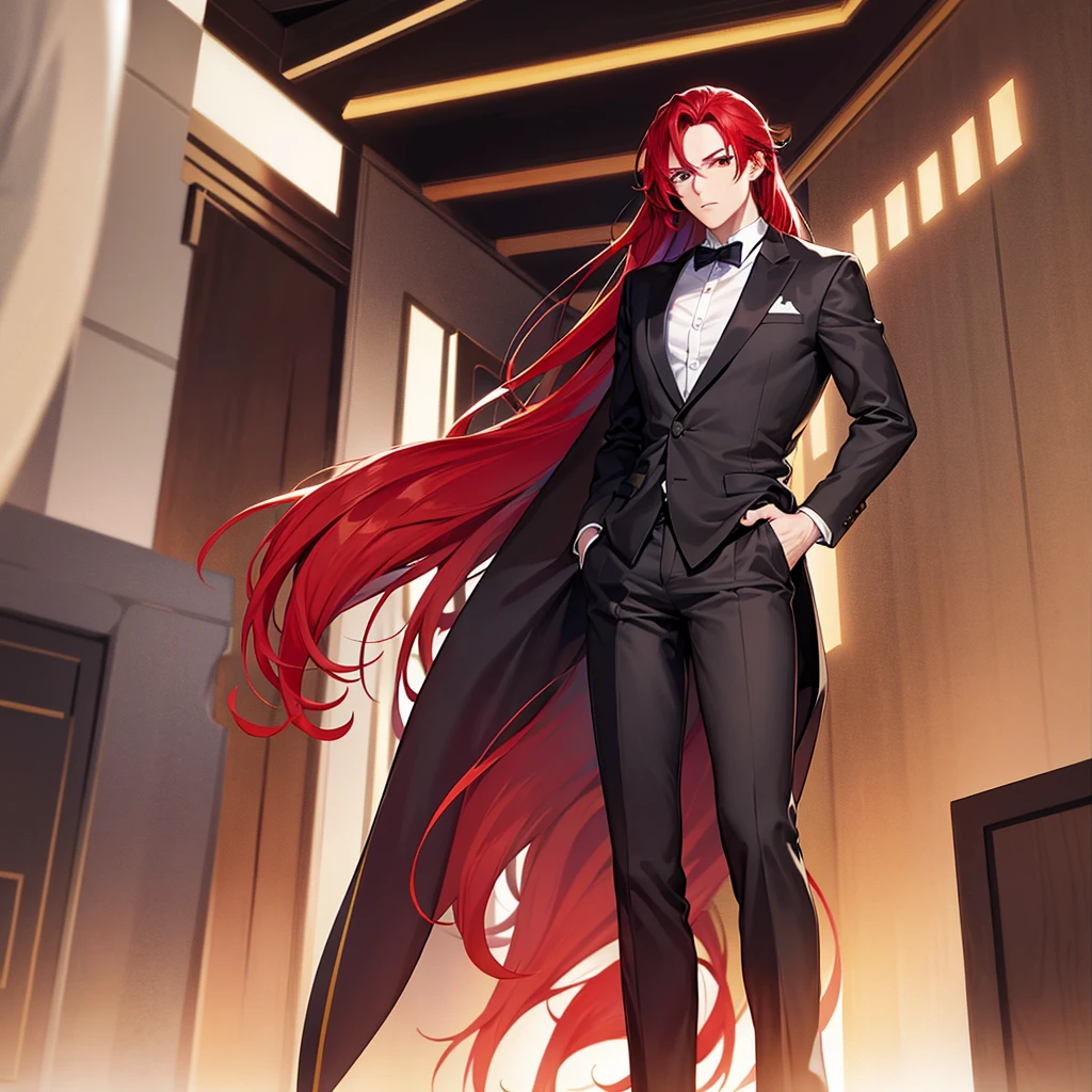 boy robust man with slightly long red hair in formal clothes and with red hair and red eyes full body