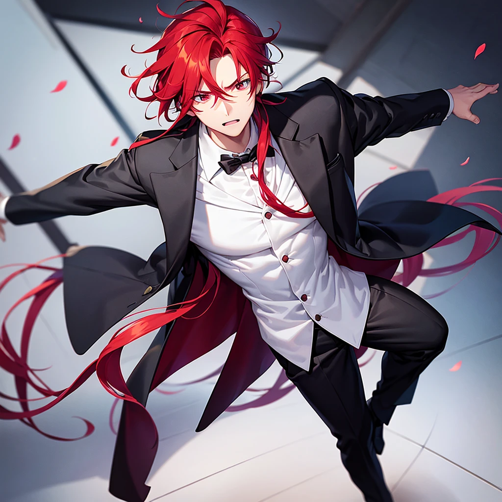 boy robust man with slightly long red hair in formal clothes and with red hair and red eyes full body