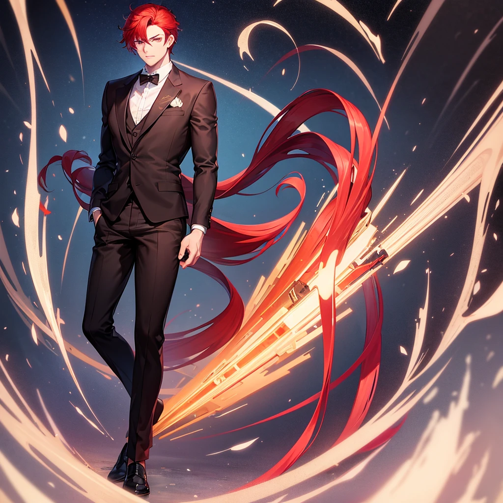 boy robust man with slightly long red hair in formal clothes and with red hair and red eyes full body