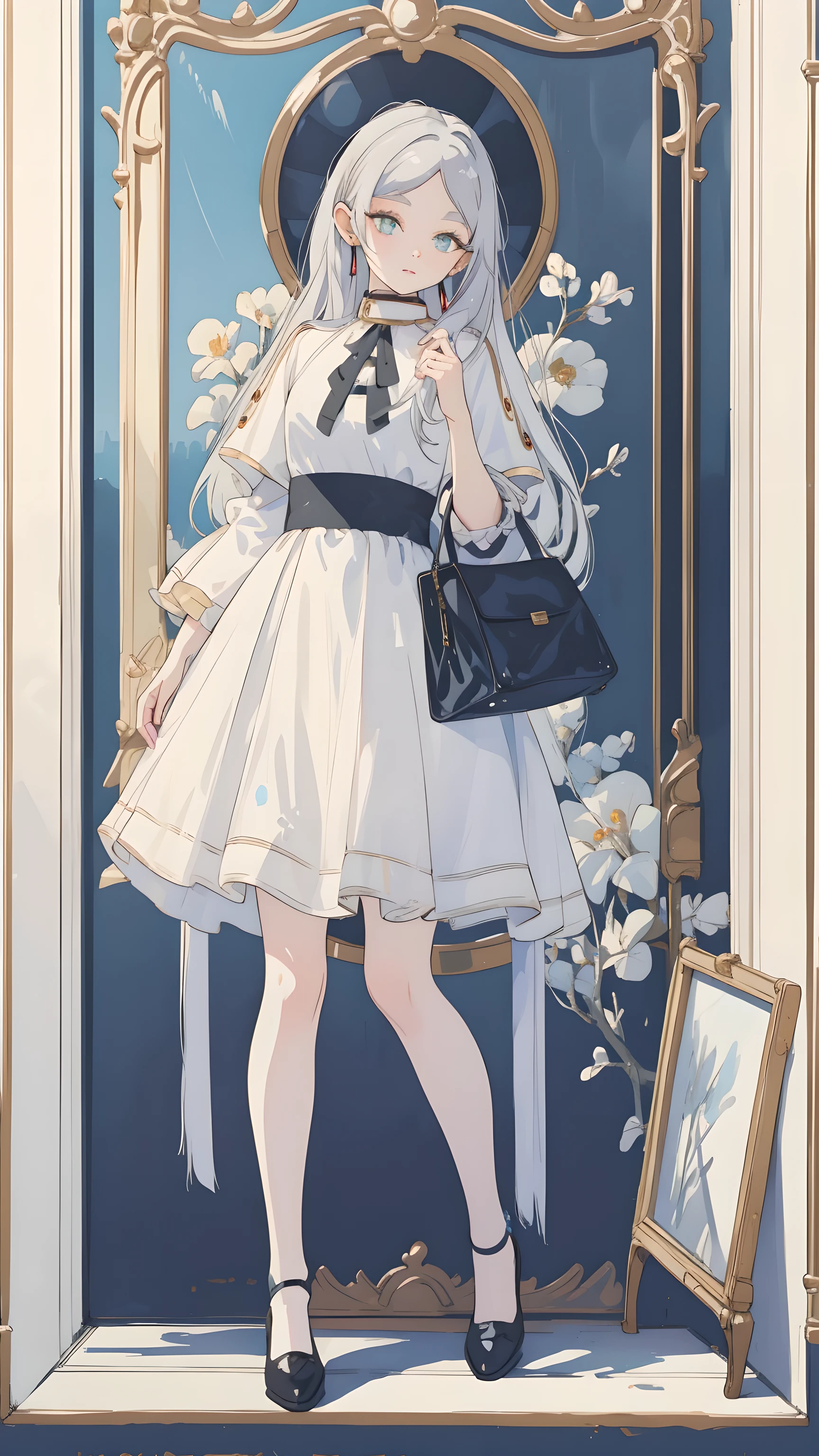 (masterpiece), best quality, Express, (Full body painting), ((it'Be perfect)),1 girl solitary, ((Eyes for perfect details:1.3)), solitary, place, (Long gray hair), Pointed ears, Like a gem, earrings, skirt, Princess dress, Ruffles,miss,solitary, Standing among blue flowers,grassland, (Blue sky and white clouds:1.3), high resolution, Looking at the audience, (32k wallpaper)