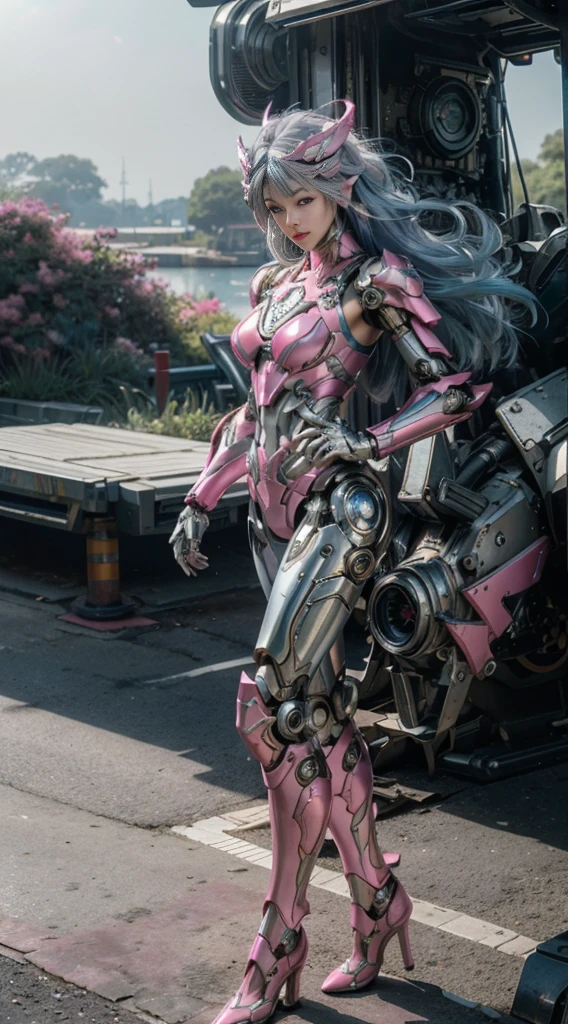 masterpiece, best quality, 1girl, solo, perfect face, looking at viewer, skin tight transparent vinyl, long blue hair, gray eyes, pale skin, shanyaogaoda, mecha, pink armor with white part, armor, helmet, lineart, dimly lit, low key, sharp focus, octane, backlighting, machinery, backlighting, shiny clothes, mechanical legs, thrusters, flying, hair ornament, high heels, shiny, artist name, standing, thighs, pink eyes, teeth, looking down, armored boots, cyborg, (big mechanical background:1.2), bare shoulders, lips, machine, The view from the bottom up, cosplay, RAW photo, delicate, best quality, (intricate details:1.3), hyper detail, finely detailed, colorful, 8k uhd, film grain, (studio lighting:1.2), (Fujifilm XT3), (photorealistic:1.3), (detailed skin:1.2)ultra high res, outside in the park with lake, best quality, photo, 4k, (photorealistic:1.4)