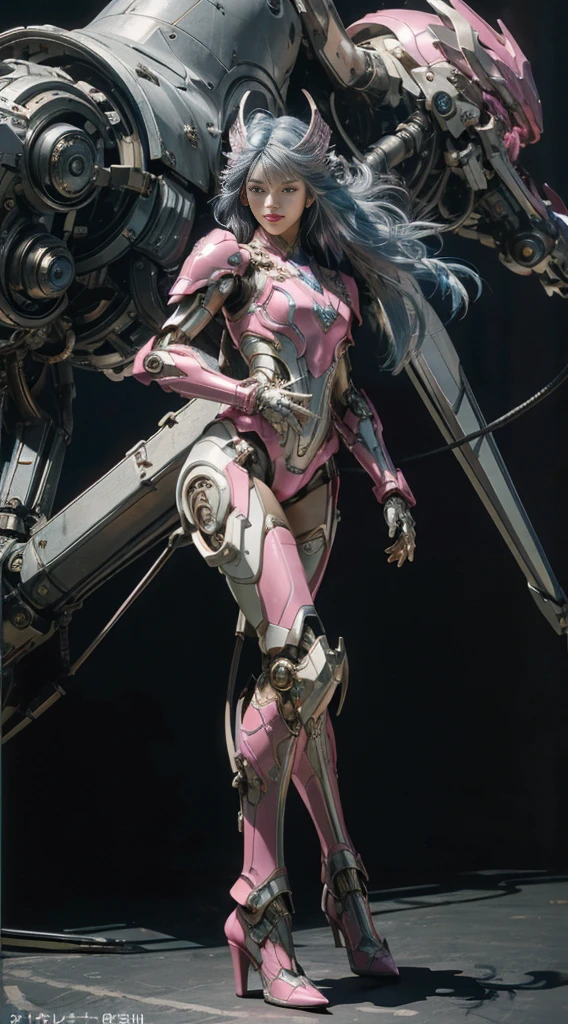 masterpiece, best quality, 1girl, solo, perfect face, looking at viewer, skin tight transparent vinyl, long blue hair, gray eyes, pale skin, shanyaogaoda, mecha, pink armor with white part, armor, helmet, lineart, dimly lit, low key, sharp focus, octane, backlighting, machinery, backlighting, shiny clothes, mechanical legs, thrusters, flying, hair ornament, high heels, shiny, artist name, standing, thighs, pink eyes, teeth, looking down, armored boots, cyborg, (big mechanical background:1.2), bare shoulders, lips, machine, The view from the bottom up, cosplay, RAW photo, delicate, best quality, (intricate details:1.3), hyper detail, finely detailed, colorful, 8k uhd, film grain, (studio lighting:1.2), (Fujifilm XT3), (photorealistic:1.3), (detailed skin:1.2)ultra high res, outside in the park with lake, best quality, photo, 4k, (photorealistic:1.4)