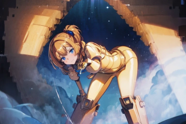 One woman:1.6, Mecha Girl,
 From the face down, the golden internal skeleton is exposed.,
 The face is a beautiful human face,
 Masterpiece,
 Are standing,
 Full Body Shot