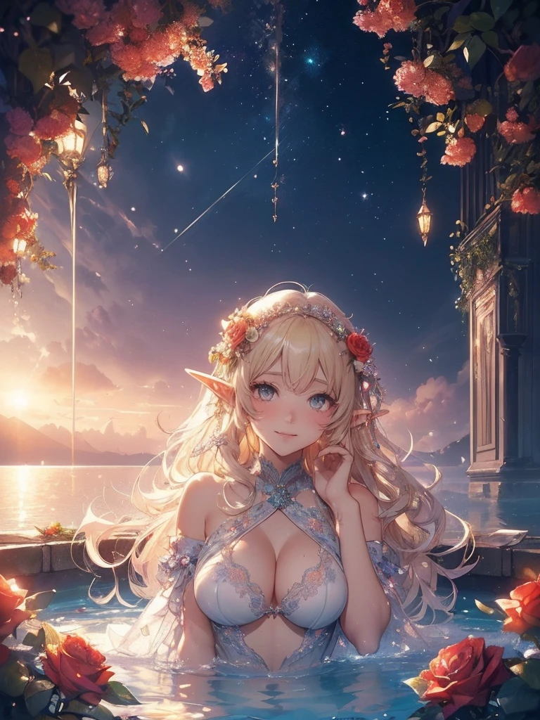 highest quality、Highest image quality、masterpiece、White Roseの花束を抱える超美形エルフ美女((22 years old OL big bust、Bust 98,beautiful long ironed hair、blonde、elf ears、rose flower tiara、bikini、nice buddy、slender、Close-up、Esbian、High quality、beautiful art、background starry sky、sunset、beautiful sky、beautiful sea、Hawaii、summer、muste piece、visual art、Depth of bounds written、magic hour、magic of light、space knight、A happy smile、gentle light、、Beautiful legs that are gentle on the skin、、ticker beautiful decorative、elegant、mystical　rosa、　 beautiful dressy、、、renaissance art、friendly smile、、separate swimwear、bra、panties、UHD、White Roseの花束を抱えて、White Roseの花束をこちらに渡す、White Rose