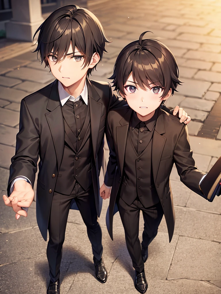 Wizard coat, Black Suit, trouser ,spell book, short hair, brown hair, male , full body