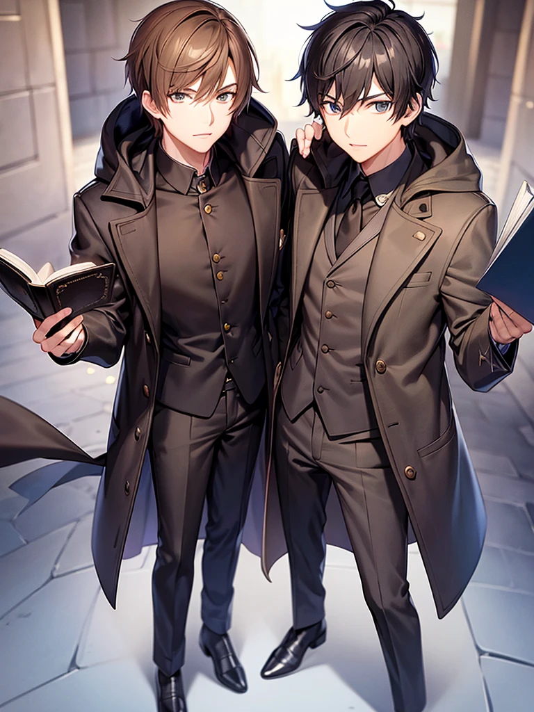 Wizard coat, Black Suit, trouser ,spell book, short hair, brown hair, male , full body