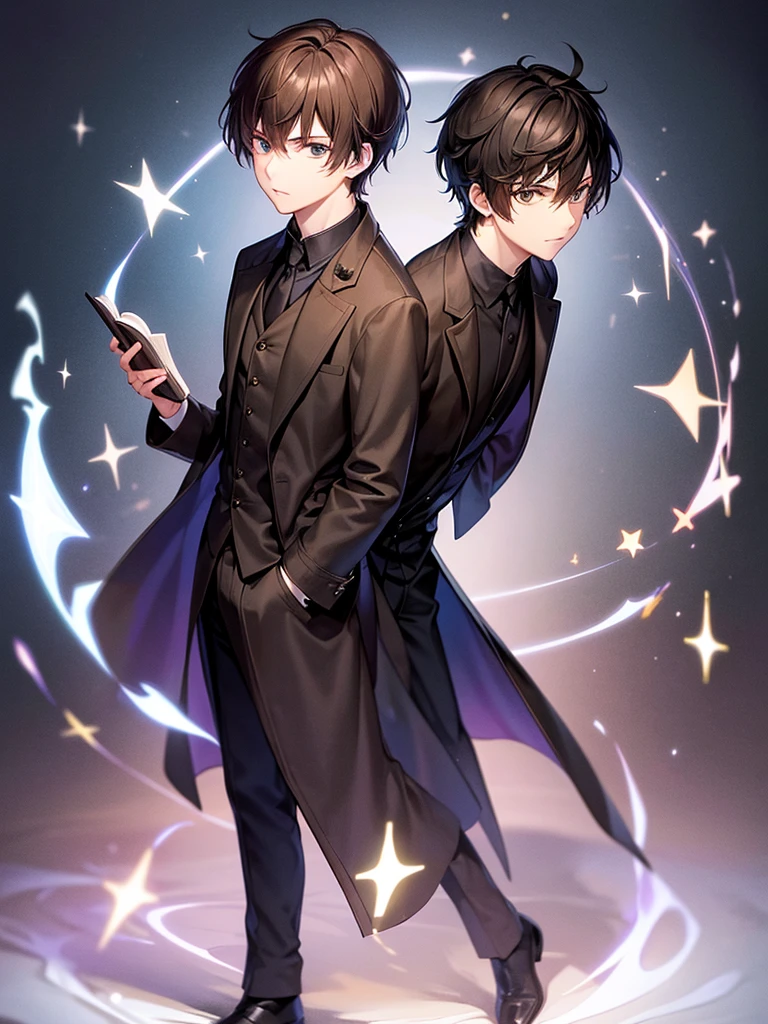 Wizard coat, Black Suit, trouser ,spell book, short hair, brown hair, male , full body