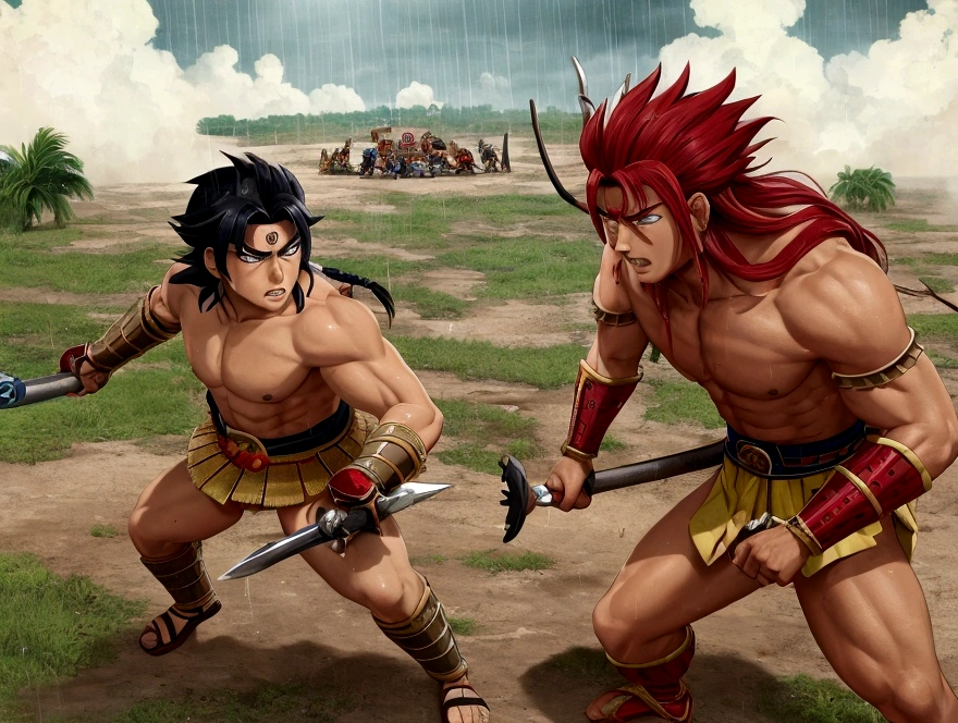 manga, toons, anime: Clash between the AZTEC ARMY AND THE MAYAN ARMY, FIERCE BATTLE, HD, rain of spears, lots of action

