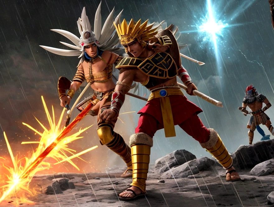 manga, toons, anime: Clash between the AZTEC ARMY AND THE MAYAN ARMY, FIERCE BATTLE, HD, rain of spears, lots of action

