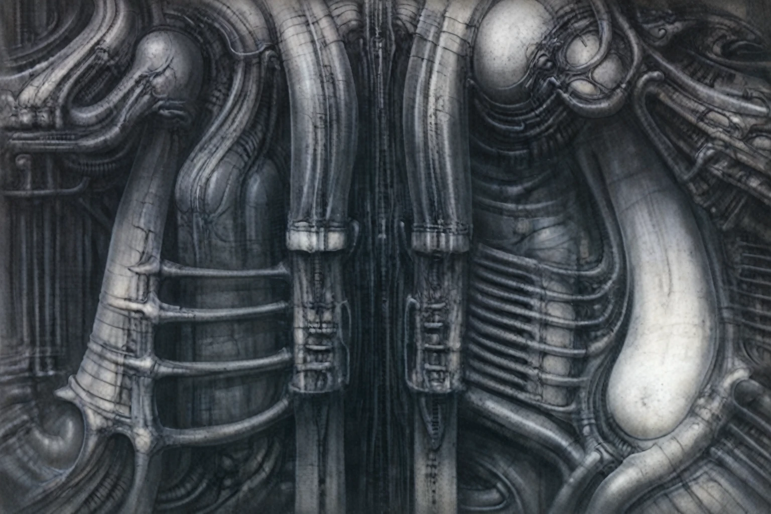 g1g3r t4bl3 The image is a detailed view of H.R. Giger's Tableau \" Biomechanical Landscape No 312 \" plate.
 The image is a  photograph of a complex, abstract bone and ivory structure that resembles pipes and wires. The structure is composed of numerous pipes and wires intertwining and overlapping each other in a chaotic yet harmonious manner.
The style  is clearly biomechanical. Features combination of organic and mechanical forms. Mechanical elements dominate the background of composition, there are subtle organic hints. The use of undersaturated purple-grays dark contrasts creates a stark and graphic look. Is used a variety of linework techniques to create different textures. Fine, parallel lines create a smooth, metallic texture,while thicker, more cursive lines suggest cables or wires. The artwork is shiny and purplish brown, with an ivory bones prominently displayed. The image is highly detailed and intricate, almost like a 3d version of a medical diagram (detailed view of an anatomy sketch, possibly of a humanoid body, with transparent organs and bones exposed). The piece has a thick mechano-organic texture and is covered in fine details. The image has a swirling, organic quality to it. The artistic manner would be unmistakably Gigeresque. A dark and unsettling beauty would permeate the piece, blurring the lines between fascination and repulsion , forever haunted by the grotesque allure. Giger's signature artistic manner would be evident in every stroke. The airbrush would be wielded with masterful precision to create a hyperrealistic yet yet nightmarish aesthetic.
 The texture of ivory with signs of burning and fossilization can be seen in the mix of smooth and rough brushstrokes. By Peter mohrbacher