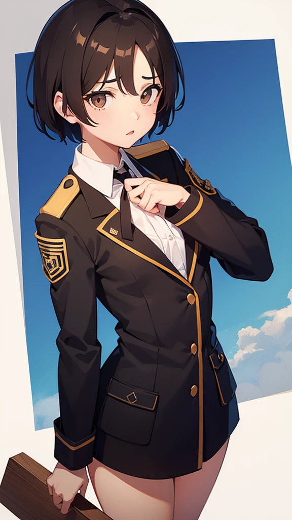 a girl in the uniform, open chest and handa em your chest with small breasts and short hair above the neck, and brown eyes