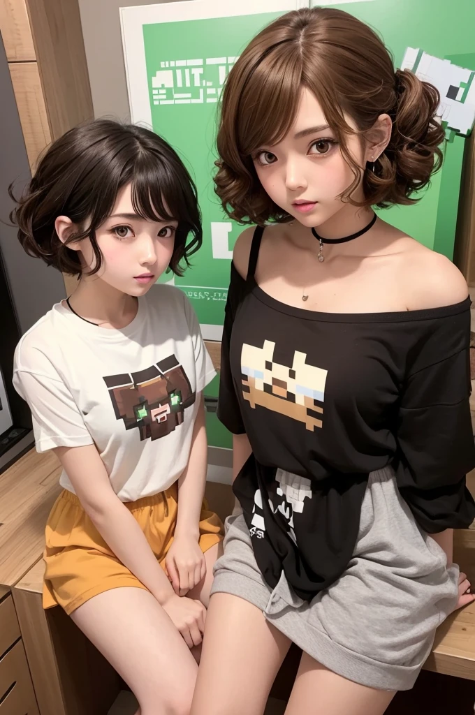 Anime-style creation creates the image of two girls dating, one white with brown hair and the other brown with very short curly hair, with minecraft clothes