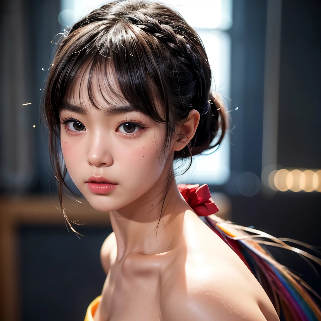 NSFW, 8k, High-level, absurd, masterpiece, best quality, primitive, very detailed CG, very detailed wallpaper, perfect lighting, Extremely detailed (((The personifying " Bruce Lee in Game of Death " as a Little Girl))), MysticSight, Tyndall effect, Tyndall scattering, Studio gray background with (many Dazzling RainbowColor particles BokeH:1.28), (RoundlyButts, ThighGap), (Exposed:0.4), (Assfocus with looking ahead), BREAK (NOGIZAKA face variations) Extremely Detailed very KAWAII face variations, perfect anatomy, Childish, captivating gaze, elaborate detailed Eyes with (sparkling highlights:1.28), long eyelashes、Glossy RED Lips with beautiful details, Coquettish tongue, Rosy cheeks, Radiant PearlSkin with clear transparency . { (Dynamic LifeLike expressions:1.4) | :d) }, (large eyes:-1) .