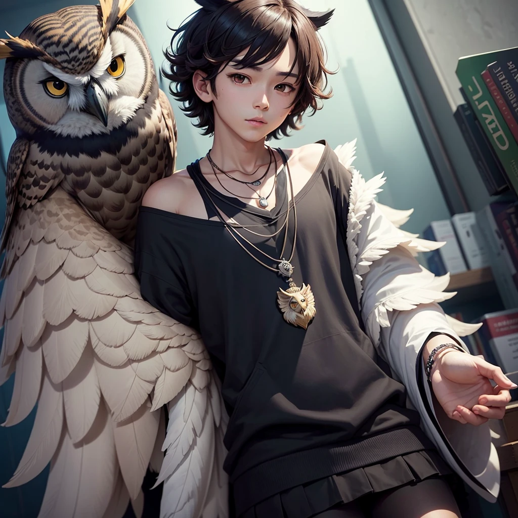can you generate an image of Haru wearing a  attire with an owl in his shoulder then make him black and put a necklace with name Haru then put his background in library