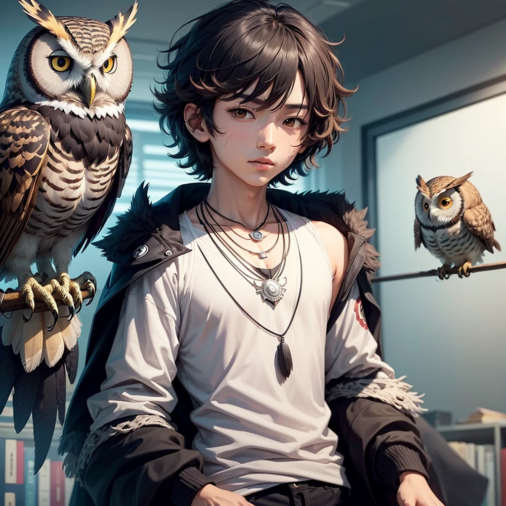 can you generate an image of Haru wearing a attire with an owl in his shoulder then make him black and put a necklace with name Haru then put his background in library