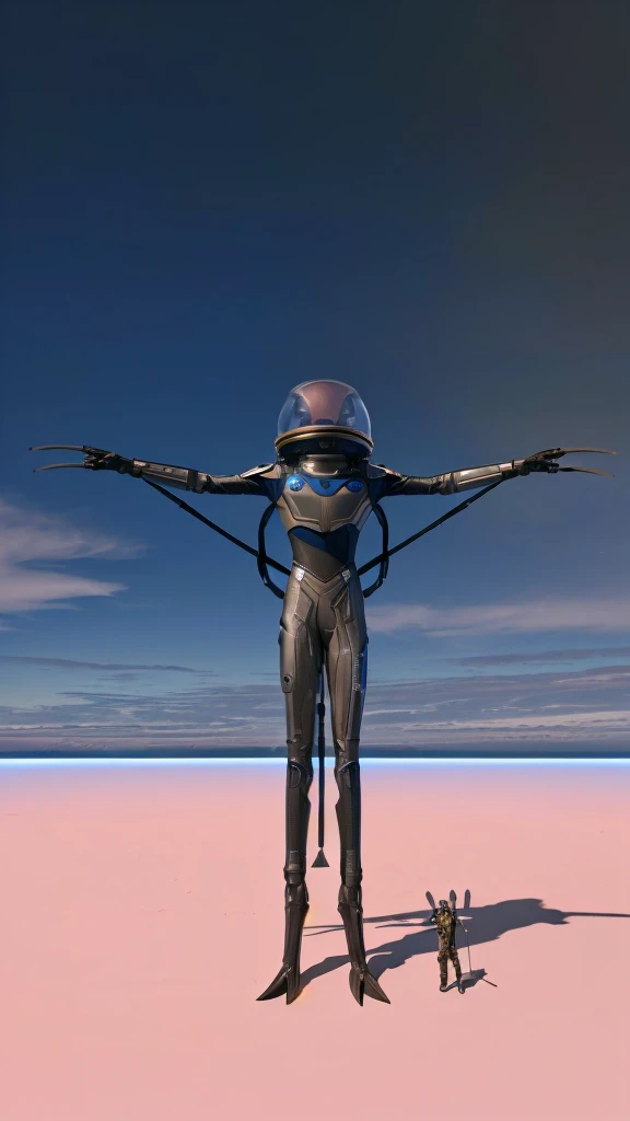 there is a computer generated image of an alien hammerhead in a retro space suit with bubble helmet standing next to a tiny anthropomorphic brown rabbit dressed in leather and holding a spear, masterpiece, best, photo realistic field, hammerhead alien with long limbs, 3 finger hands and long claws, long tail