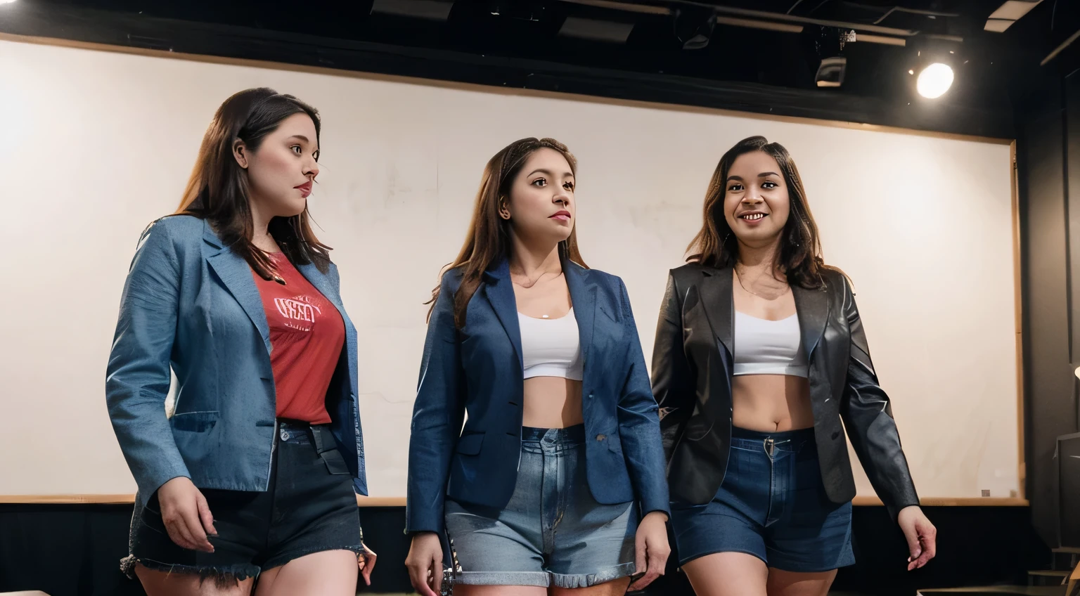 Three plus size friends wearing denim shorts and red blazers walking on the stage of a theater