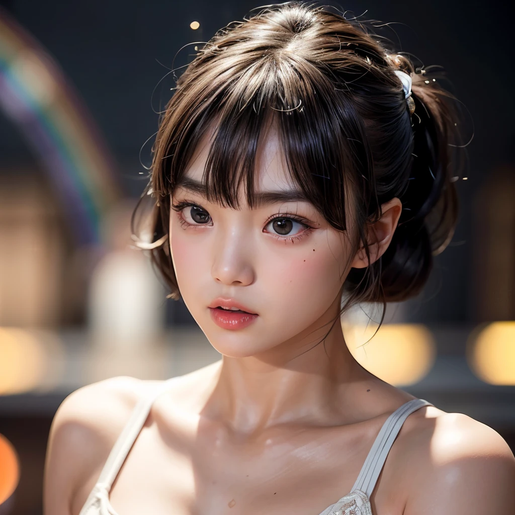 NSFW, 8k, High-level, absurd, masterpiece, best quality, primitive, very detailed CG, very detailed wallpaper, perfect lighting, Extremely detailed (((The personifying " Bruce Lee in Game of Death " as a Little Girl))), MysticSight, Tyndall effect, Tyndall scattering, Studio gray background with (many Dazzling RainbowColor particles BokeH:1.28), (RoundlyButts, ThighGap), (Exposed:0.4), (Assfocus with looking ahead), BREAK (NOGIZAKA face variations) Extremely Detailed very KAWAII face variations, perfect anatomy, Childish, captivating gaze, elaborate detailed Eyes with (sparkling highlights:1.28), long eyelashes、Glossy RED Lips with beautiful details, Coquettish tongue, Rosy cheeks, Radiant PearlSkin with clear transparency . { (Dynamic LifeLike expressions:1.4) | :d) }, (large eyes:-1) .