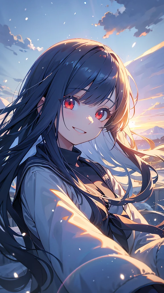 a beautiful girl with ((long navy blue hair,)) smiling and looking into the distance, red eyes, snowy landscape, pale blue snow, snow reflecting sunlight, rays of light, glare, high quality, highly detailed, masterpiece, anime style