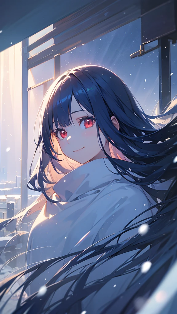a beautiful girl with ((long navy blue hair,)) smiling and looking into the distance, red eyes, snowy landscape, pale blue snow, snow reflecting sunlight, rays of light, glare, high quality, highly detailed, masterpiece, anime style