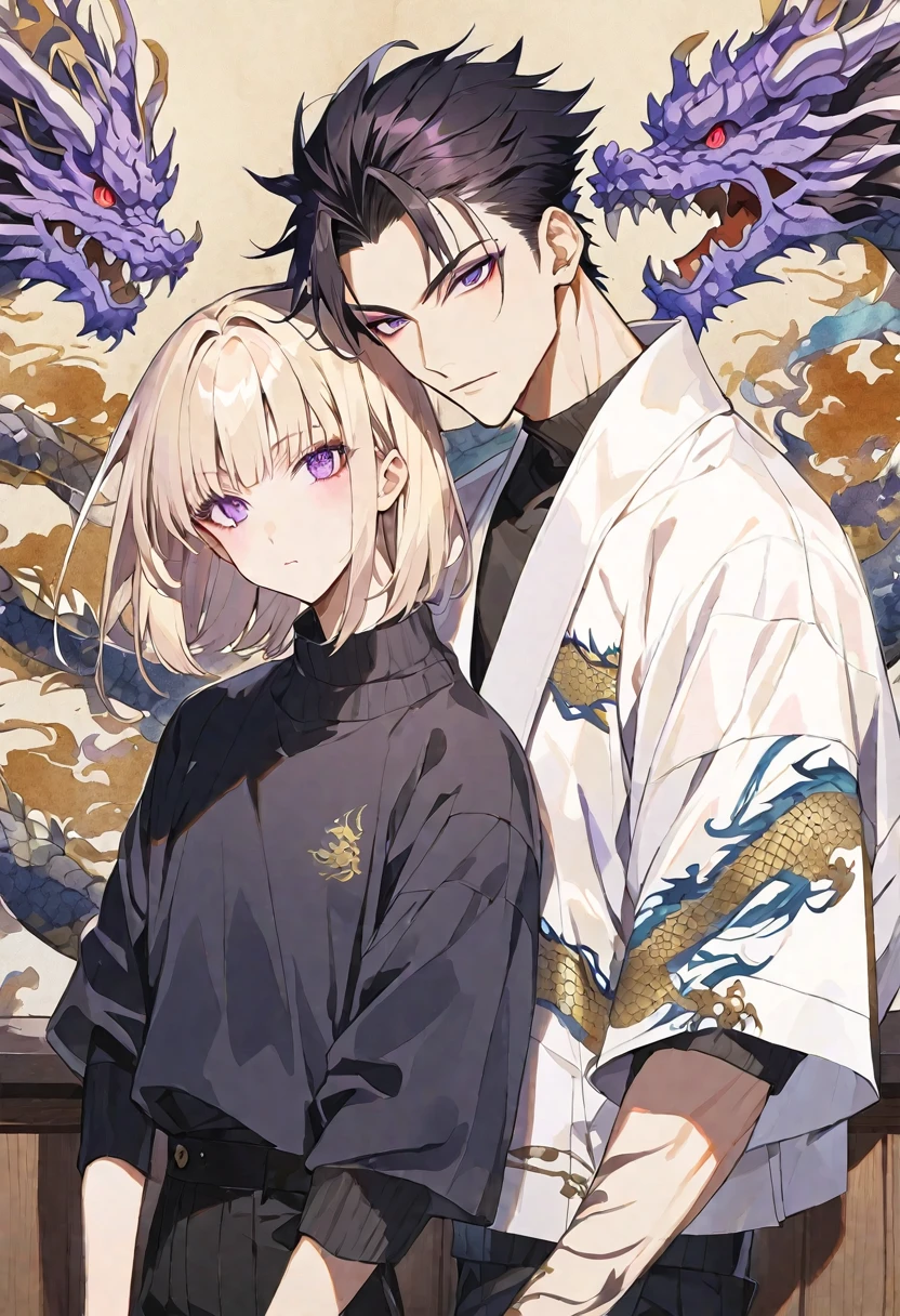 独奏, handsome, Watercolor,
1. male,
hime cut,Straight Hair,Bob Hair, 
Light blonde hair, 
purple Eyes,Soft look,Gojo Satoru,
Black knitwear,
skin,Dragon Tattoo,
Stylish bar background,