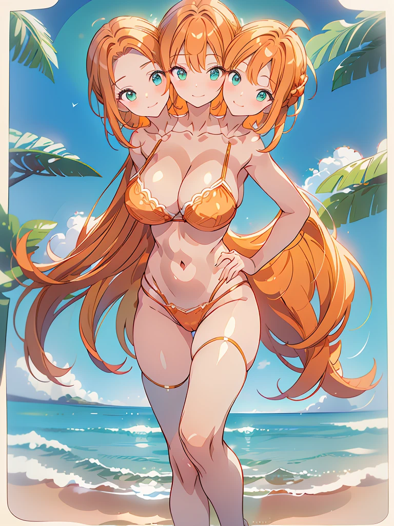 (masterpiece, best quality), best resolution, (3heads:1.5), 1girl, orange hair, green eyes, left hand behind head, right hand on hip, smiling, , light blue bikini,  pose, white background
