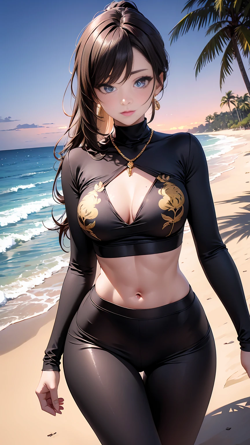 Beautiful woman with mid straight ponytail black hair with blue eyes wearing an Black Tight Leggings With Golden Dragon Prints, a Crimson Sexy Criss Cross Mock Neck Mid Sleeves Blouse With Phoenix Prints, luxurious jewelry and a luxurious necklace, 18k gold wedding ring on left hand, fighting in a beach at night, (ebony skin), (light brown lipstick), (elegant mascara), (slim body with abs), (small breasts), (wide hips), midjourney, <lora:GoodHands-, <lora:GoodLegs-, UHD, high resolution, (masterpiece:1.1, best quality), (expressive eyes, perfect face, full body, expressive face, perfect body, perfect pussy, athletic, fit, slim body, blushing, Perfect makeup, eyeliner, beautiful eyelashes, smiling, horny face), ((best illumination, best shadows)), ((fight pose)),