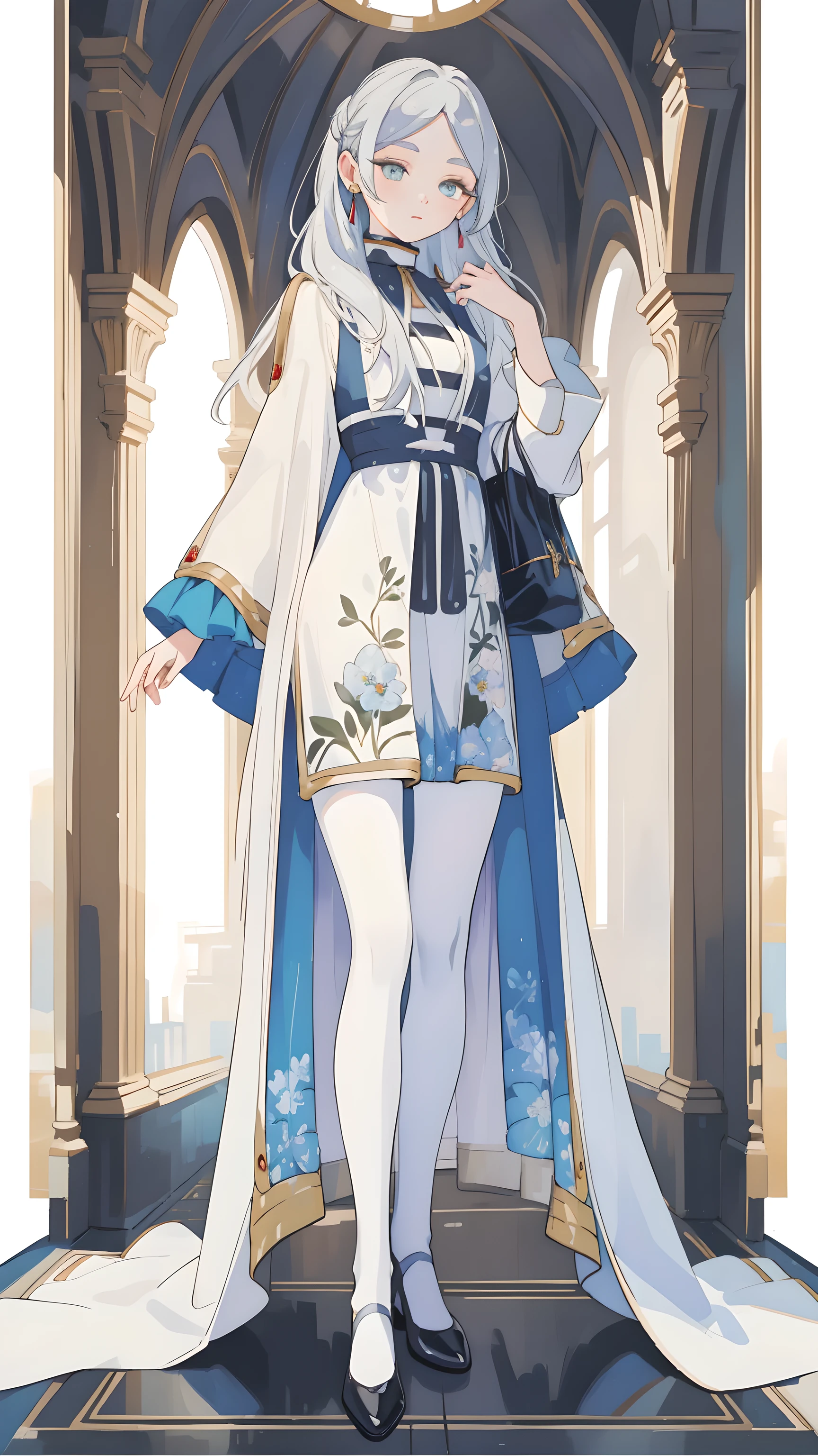 (masterpiece), best quality, Express, (Full body painting), ((it'Be perfect)),1 girl solitary, ((Eyes for perfect details:1.3)), solitary, place, (Long gray hair), Pointed ears, Like a gem, earrings, skirt, Princess dress, Ruffles,miss,solitary, Standing among blue flowers，grassland, (Blue sky and white clouds:1.3), high resolution, Looking at the audience, (32k wallpaper)