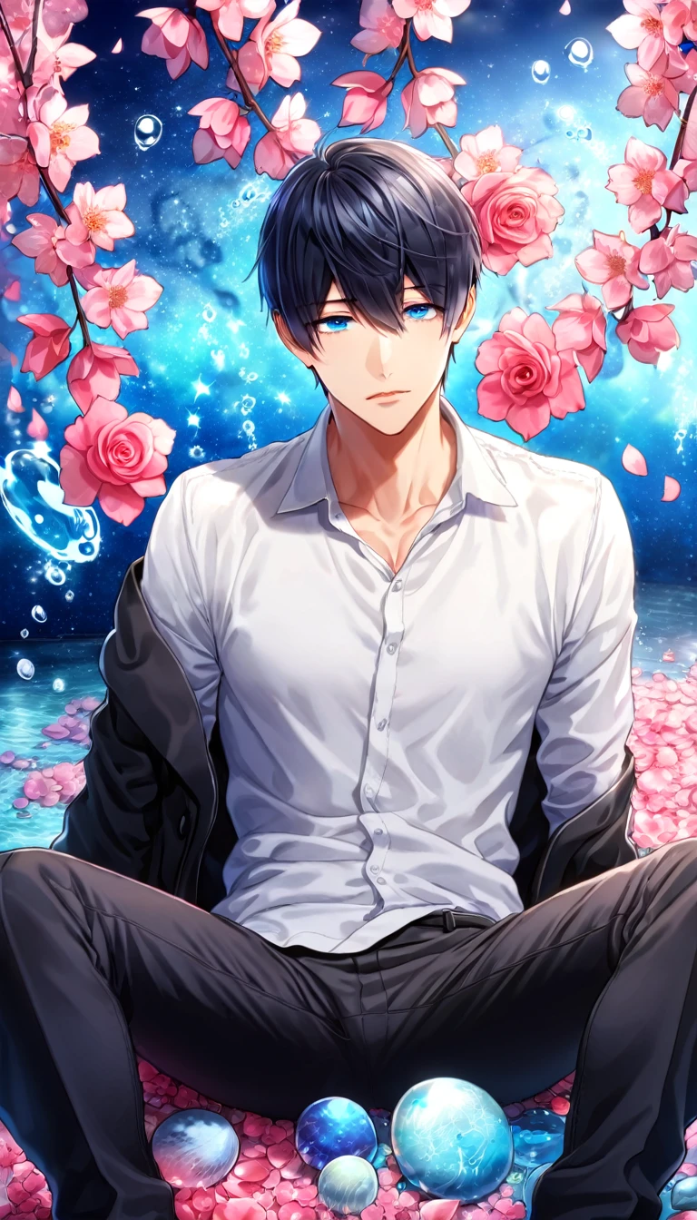 absurdres, highres, ultra detailed, HDR, master piece, best quality, Nanase Haruka, black hair, expressive blue eyes, Free!, solo, sexy man, sitting, handsome, black coat, white shirt, black pants, fantasy, shining, water, pink flowers, pink blossoms, pink butterflies, pink petals