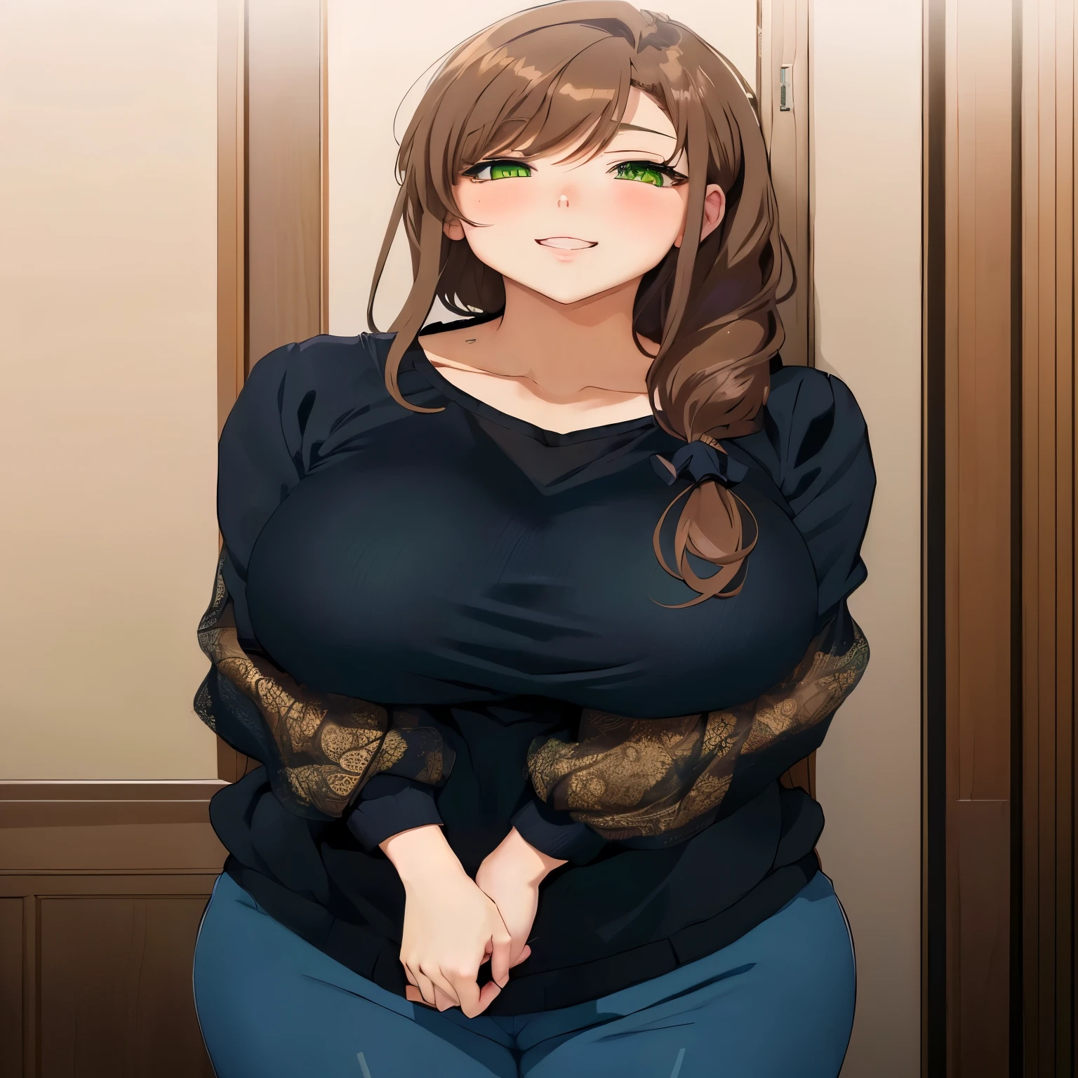 Anime girl with long brown hair and green eyes standing in front of a door., con big breasts, oppai, big breasts!!, Con big breasts, big breasts!, revealing outfit, touching his clothes, oppai proportions, covered breasts and sfw, seductive anime girl, Bare belly.