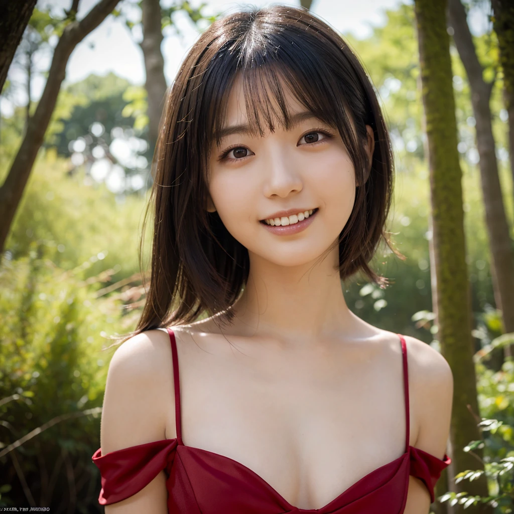 (Highest quality,masterpiece:1.3,Ultra-high resolution),(Very detailed,Caustics,8K), (Realistic:1.4, RAW shooting),(A mysterious forest, Dense teeth),wood々Sunlight shining through ,Light pours down,20-year-old,cute,Are standing,(smile),Looking into the camera,Black hair medium hair,(Crimson Dress), (Waist up shot),Low position,Low Angle,(Face Focus),(Face close-up),Natural light
