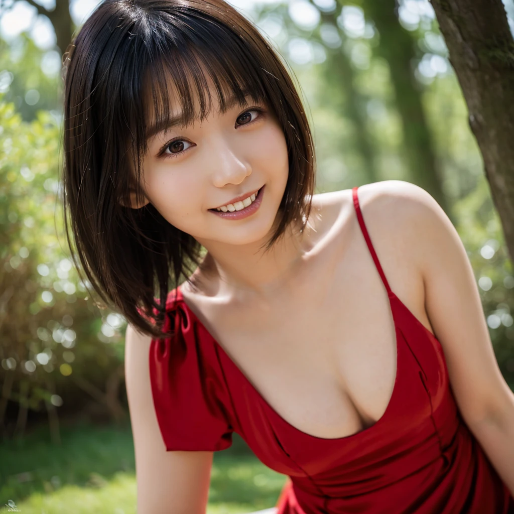 (Highest quality,masterpiece:1.3,Ultra-high resolution),(Very detailed,Caustics,8K), (Realistic:1.4, RAW shooting),(A mysterious forest, Dense teeth),wood々Sunlight shining through ,Light pours down,20-year-old,cute,Are standing,(smile),Looking into the camera,Black hair medium hair,(Crimson Dress), (Waist up shot),Low position,Low Angle,(Face Focus),(Face close-up),Natural light