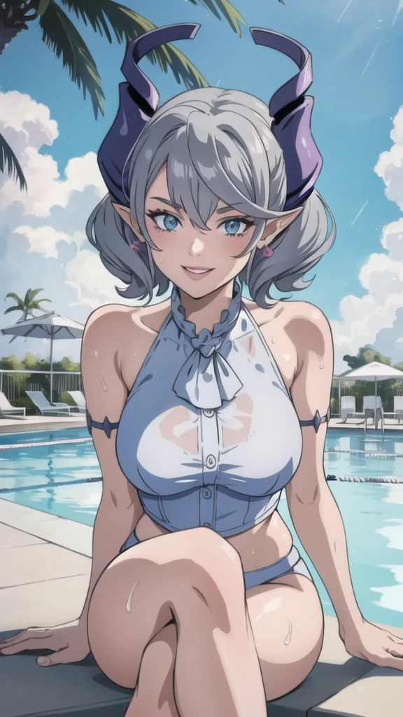 　High level image quality　best image quality　8K　 adult woman    pool party  rain　palm trees  more colors   whole body view　portrait　 bikini   　horn    ears  　short hair（（shortcut）（gray hair）（perm）（fluffy））　eye color is blue ,  , 　attractive evil face , smile   ,  sexy pose   ,  labrynth ,  barearm    , wearing pink shirt    , sitting on person by the pool , crossed legs  , all wet , wet hair 