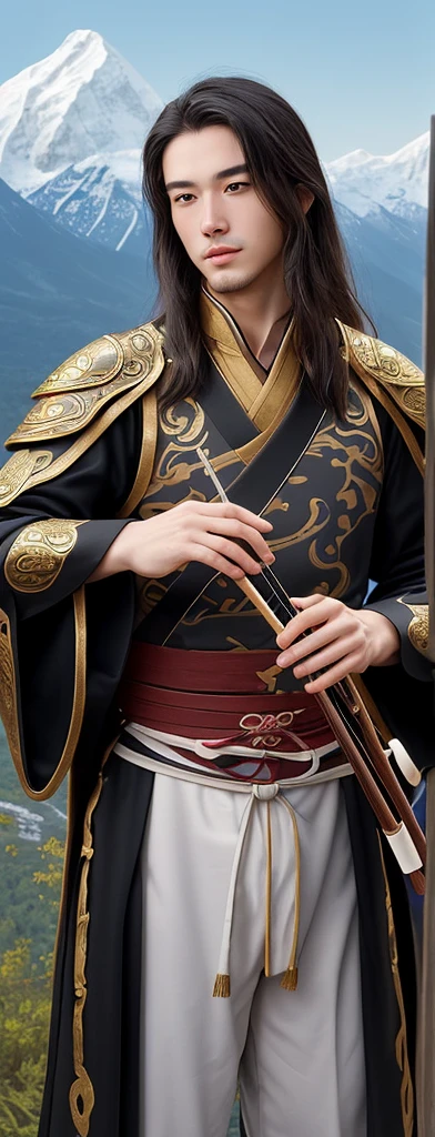 , , He is a young Taoist with long European hair and face..., , I was playing with an erhu in my hand.. I was playing with an erhu in my hand.., , He is very handsome., , He wore leather armor.., , he is a bard., , he is a bard., , he is a bard., , The background behind him is a mountain., and the background is pure gold, not white., 