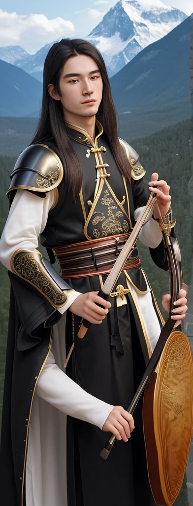 , , He is a young Taoist with long European hair and face..., , I was playing with an erhu in my hand.. I was playing with an erhu in my hand.., , He is very handsome., , He wore leather armor.., , he is a bard., , he is a bard., , he is a bard., , The background behind him is a mountain., and the background is pure gold, not white.,