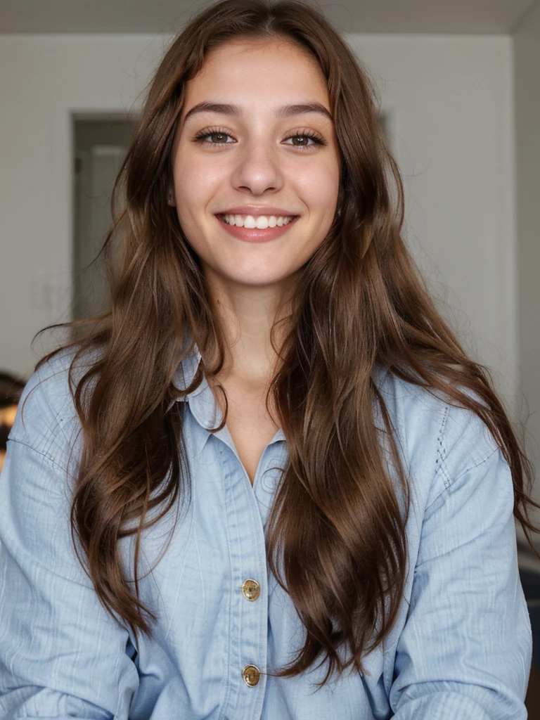one cute women, 20YO, white, Arab, cute face, realistic brown eyes, blue jacket, brown hair, cute smile, skinny face, white realistic teethes, big eyes, long hair